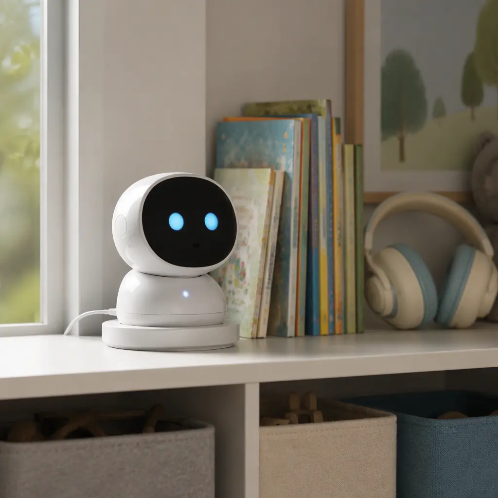 Small conversational robot charging beside books and headphones