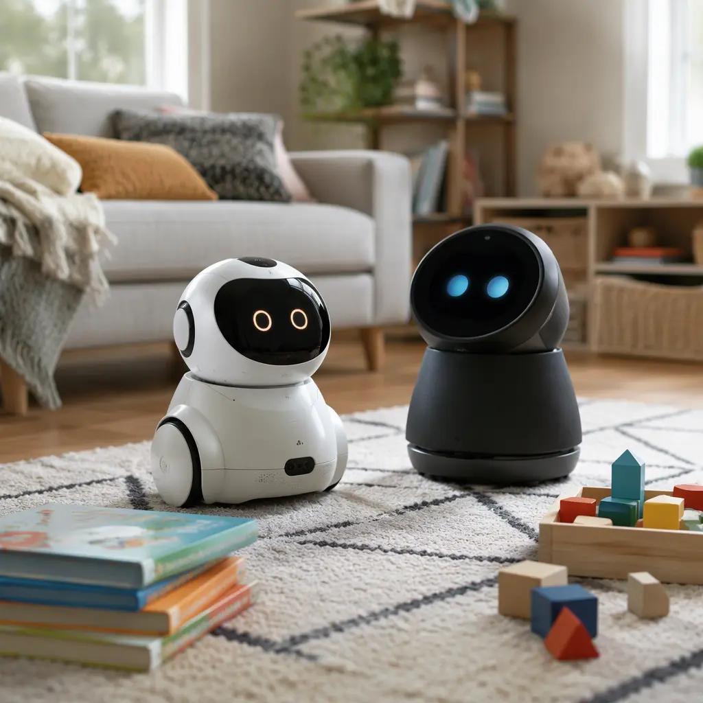 Two small companion-style robots placed on a living room rug beside children's toys