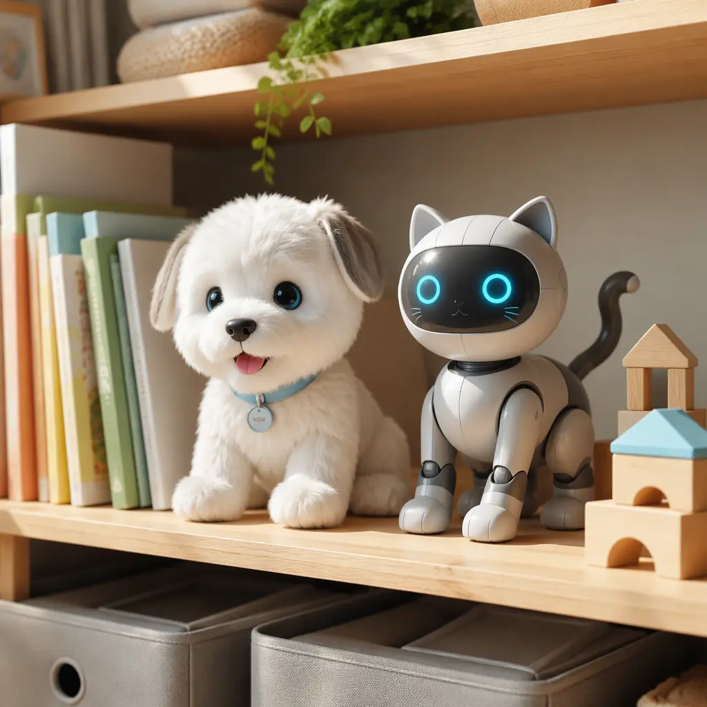 AI pet toys displayed on a playroom shelf beside children's toys.