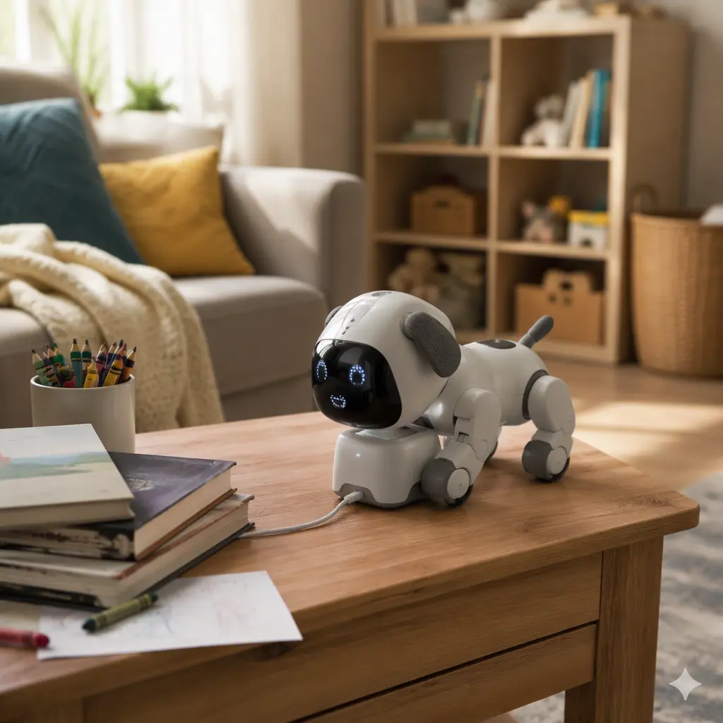 A robot pet toy charging in a tidy family playroom.