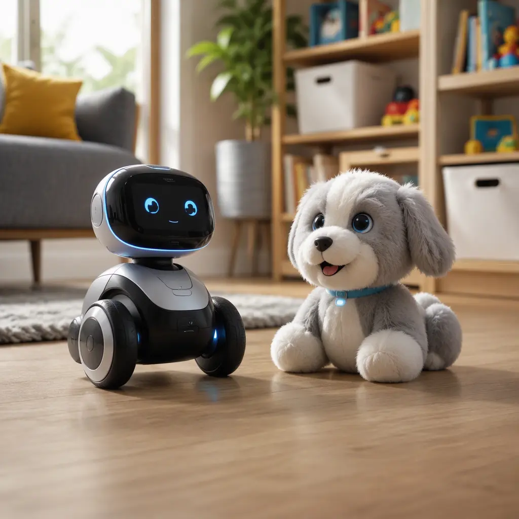Two different AI pet toys displayed in a family living room with soft natural light.