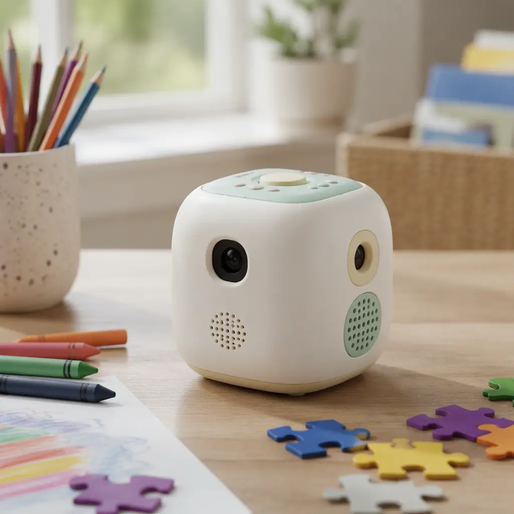 Interactive cube-style children's electronic toy placed near art supplies and puzzles