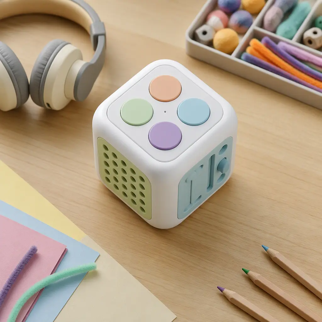 Modern cube-shaped AI toy photographed from above beside creative play materials