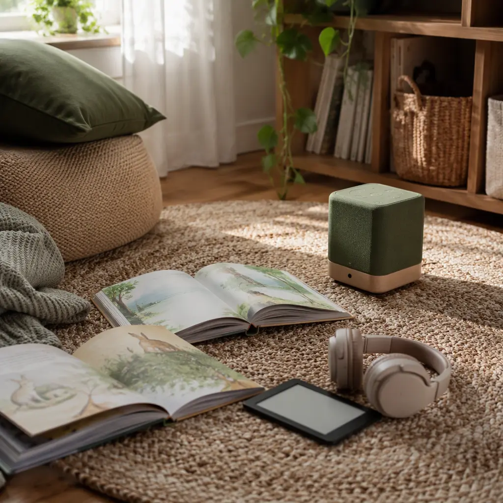Reading corner with books, smart reading cube and e-reader
