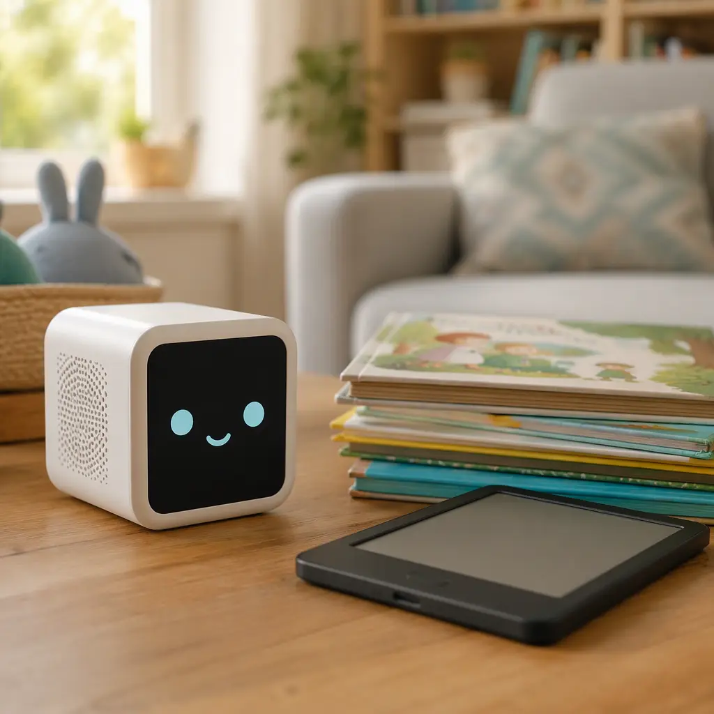 Smart reading cube beside children's books and a screen reader device on a table