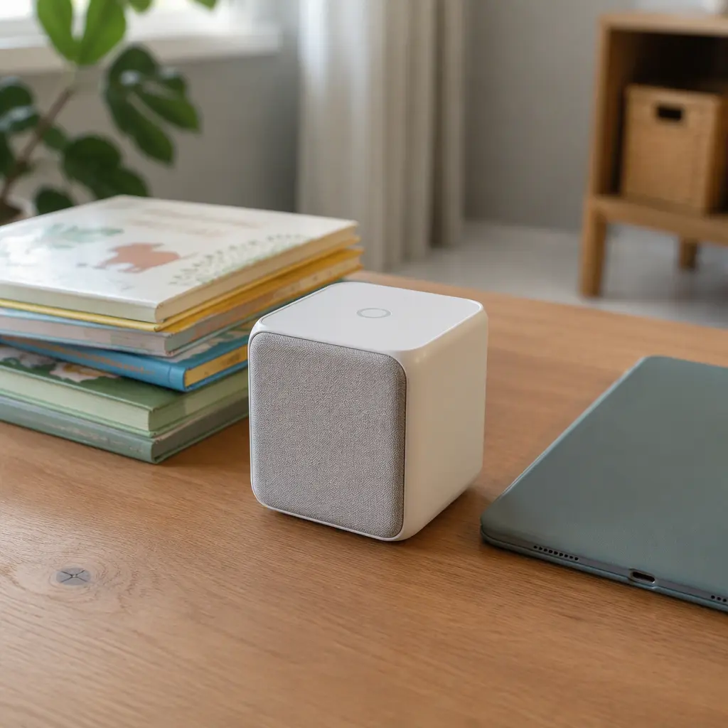 AI reading device and tablet beside preschool books on a wooden table