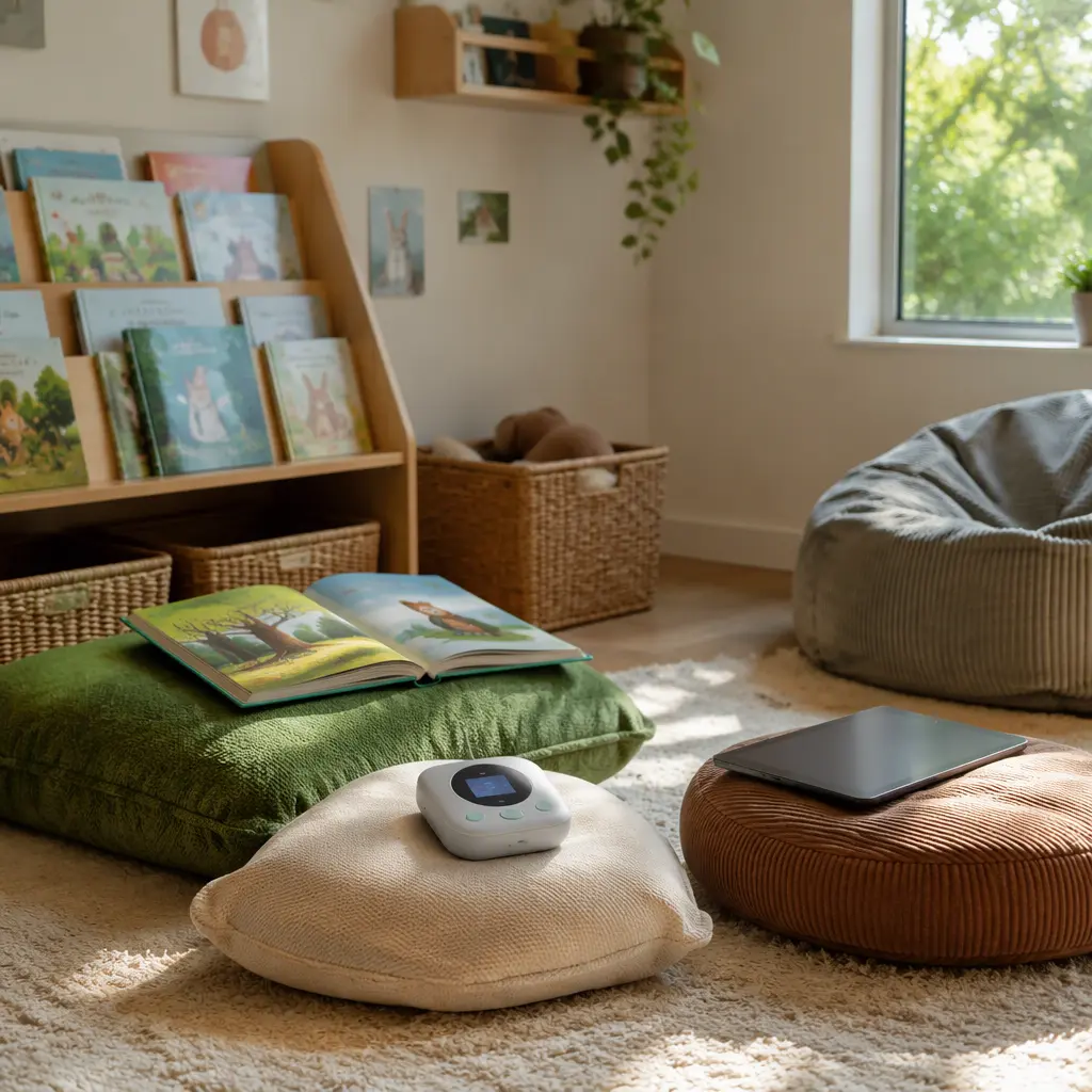 Preschool reading setup with books, AI reading gadget and tablet in a calm play area