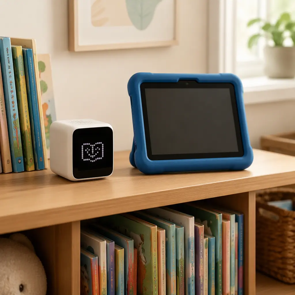 AI reading cube and tablet reading app setup beside children's books in a softly lit room