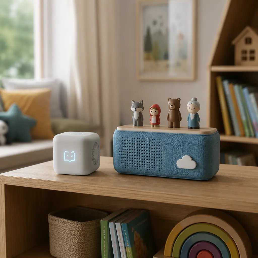 AI reading cube and audio story player on a shelf in a family playroom
