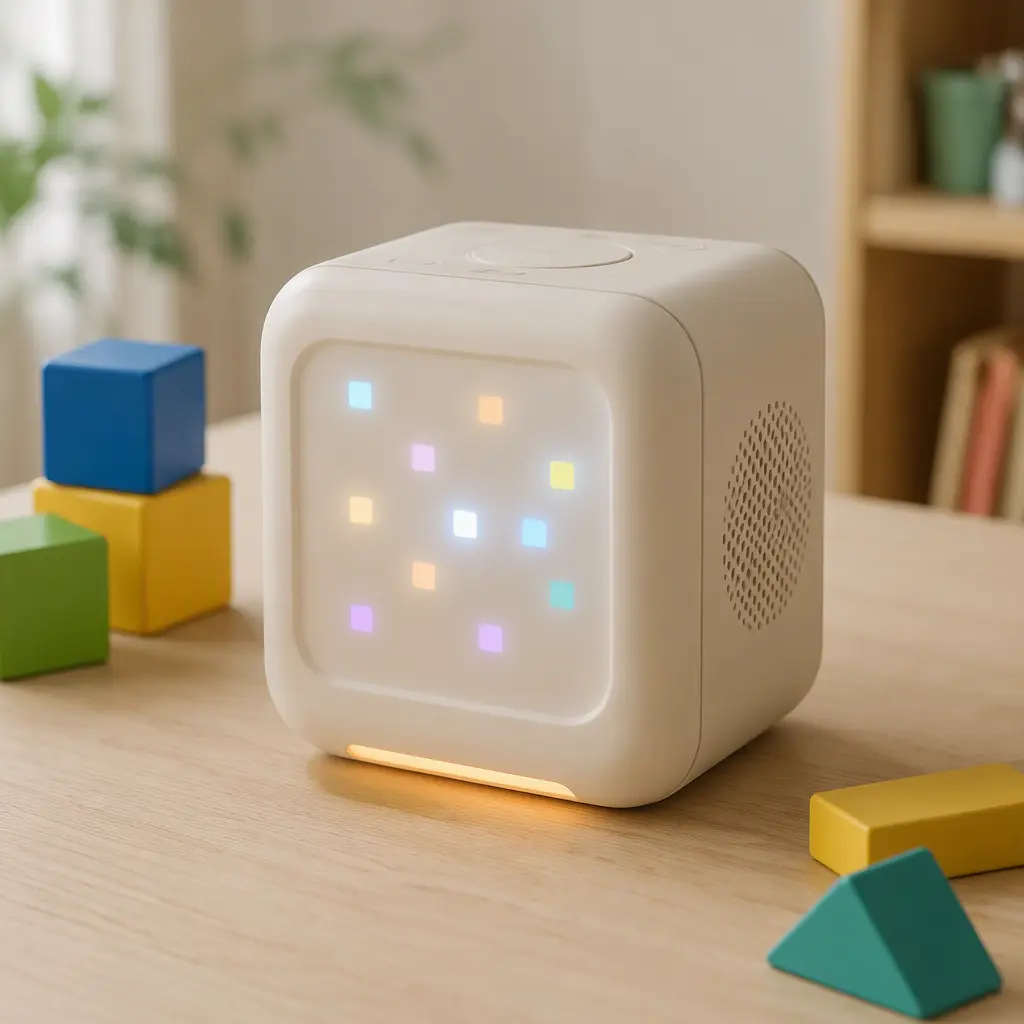 Cube-shaped AI toy displayed beside children's building blocks in a softly lit studio setting