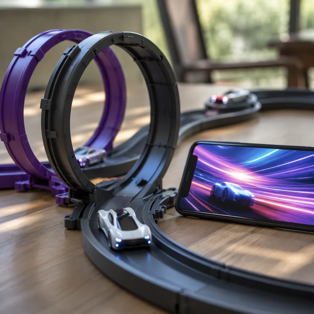 Modern toy race cars on looping tracks beside a smartphone