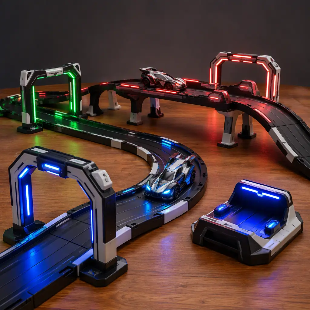 Connected-style toy racing track with futuristic accessories