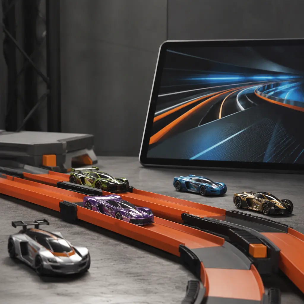 Futuristic toy cars on modular racing tracks beside a tablet in a studio setting