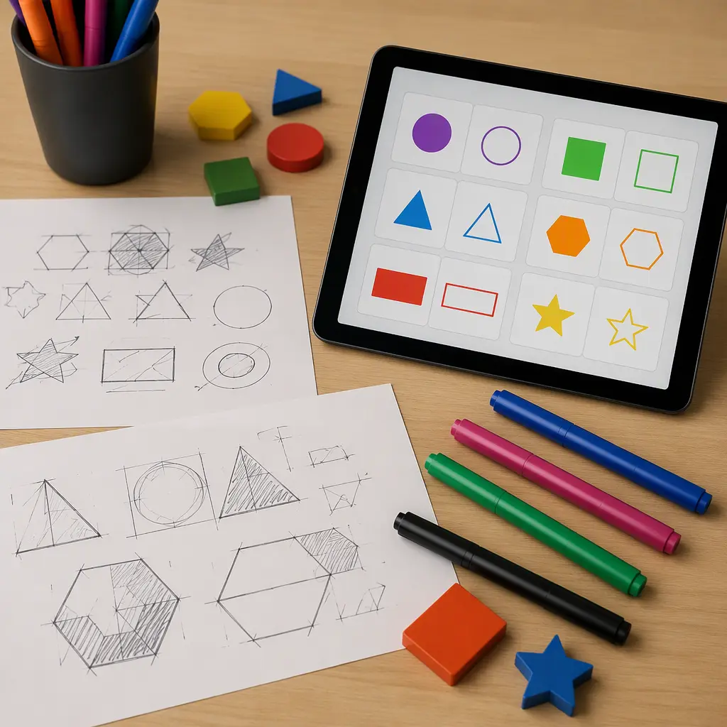 Sketches and a tablet used in an AI-assisted drawing game
