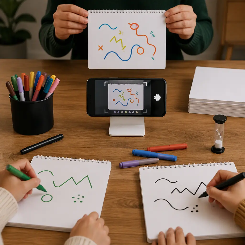 A drawing party game setup with markers, sketches, and a smartphone used for AI image recognition