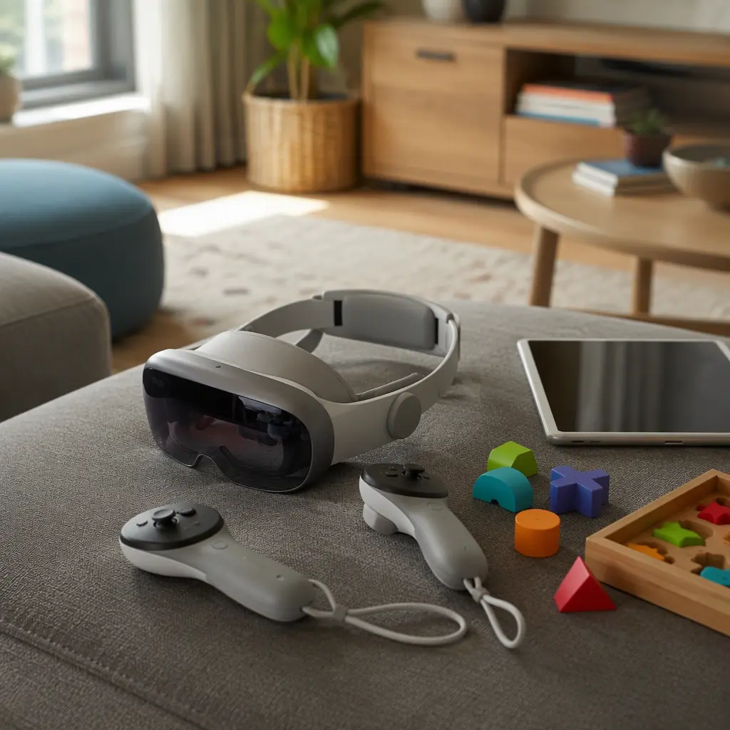 A modern VR headset and controllers arranged in a family living room setting.