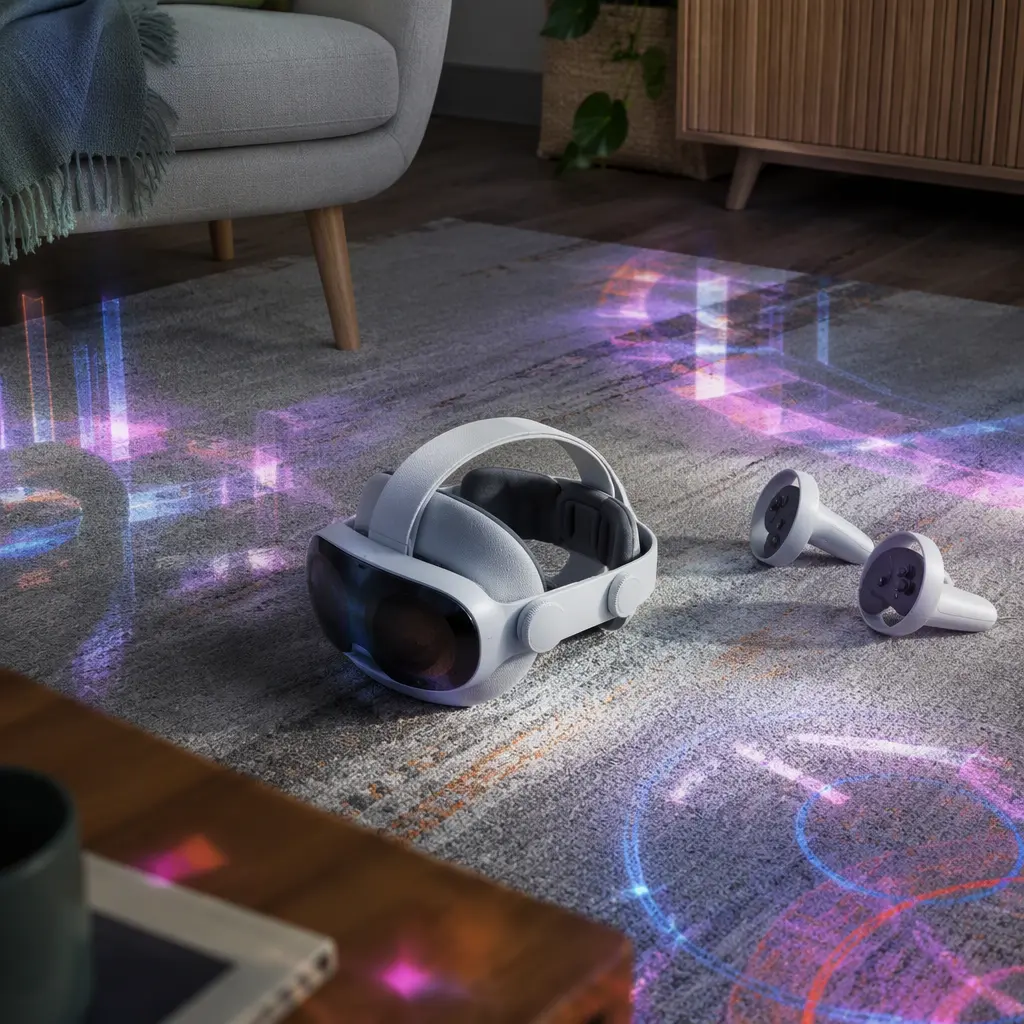 A VR headset placed in an open play area inside a living room.