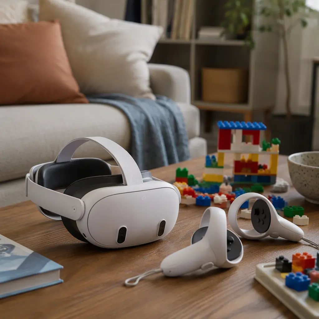 A mixed-reality headset and controllers displayed on a living room table with toys nearby.