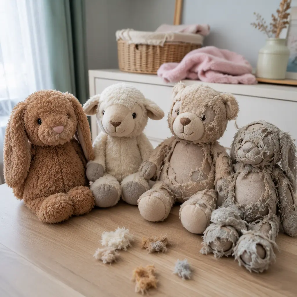 Collectible fuzzy plush animals showing partially revealed textures beneath removable fluff