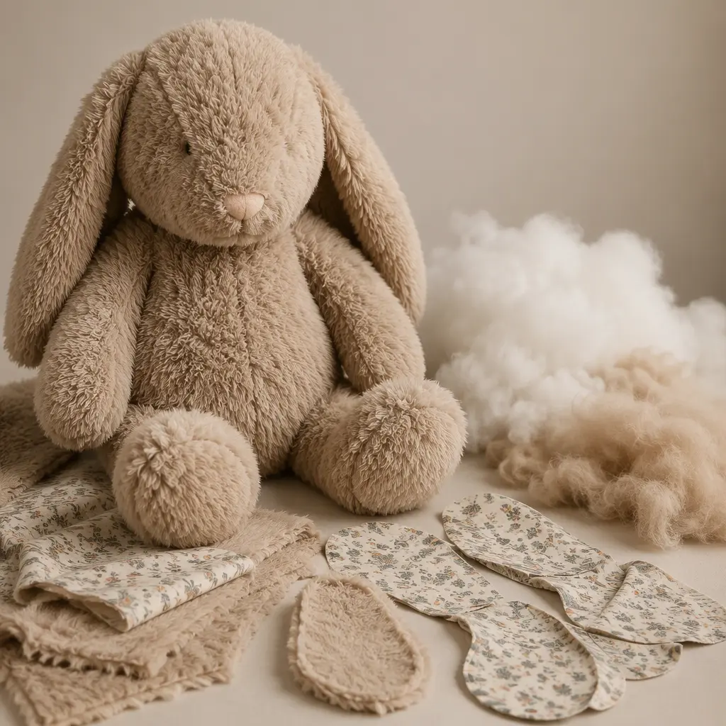Large collectible plush toy with sections of peeled fluff revealing patterned textures underneath