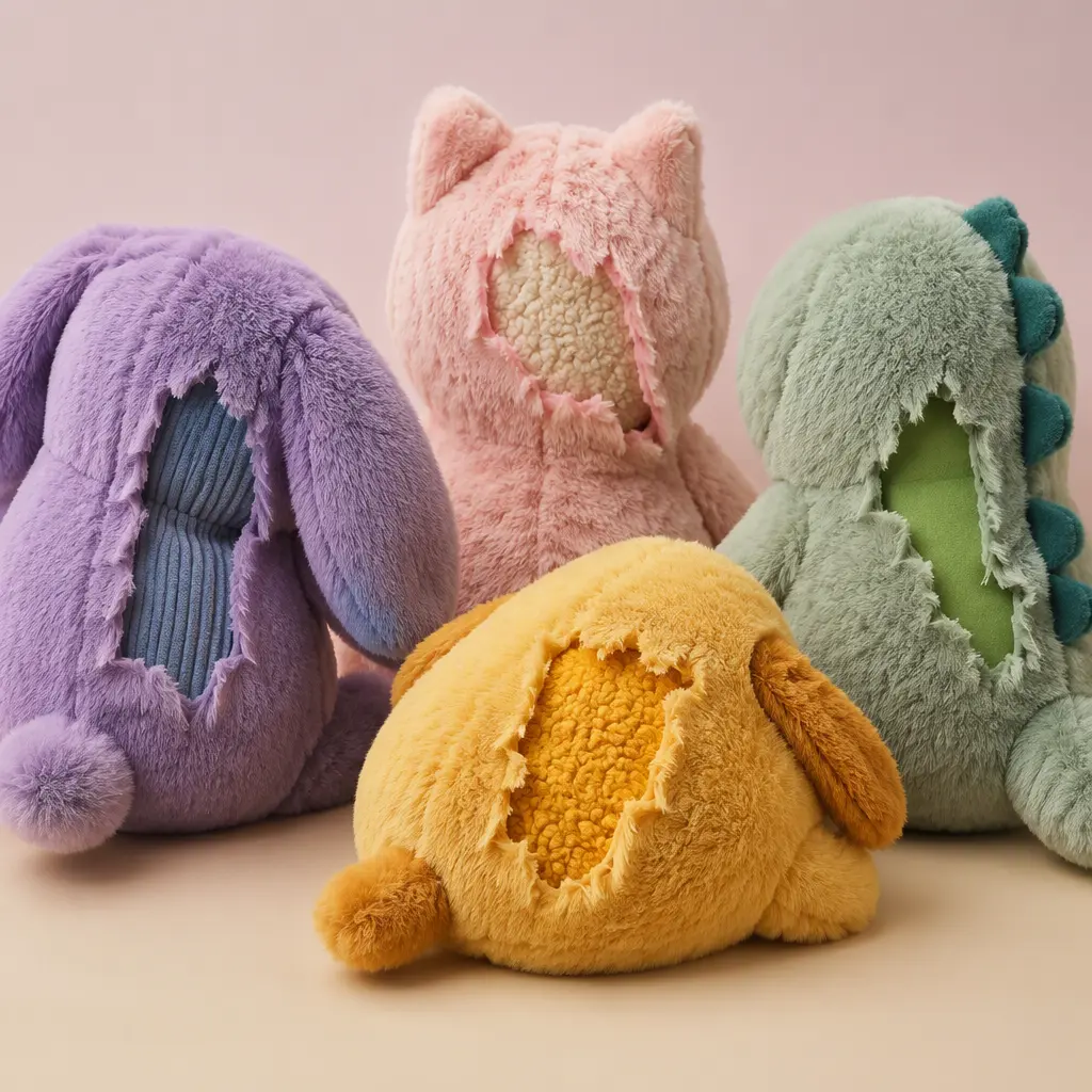 Colorful fuzzy collectible plush toys with layered textures revealed beneath removable fluff