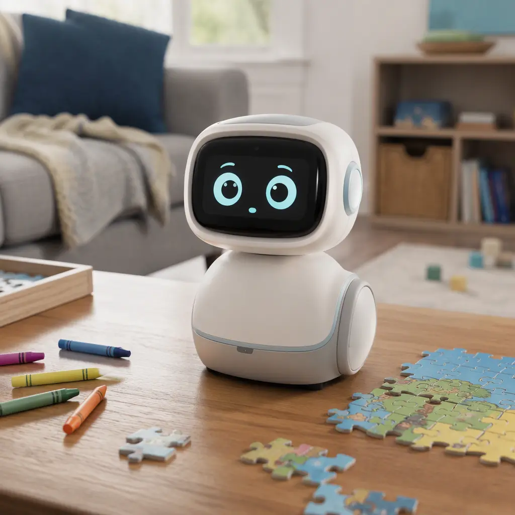 Children's companion robot displayed on a desk near creative play materials