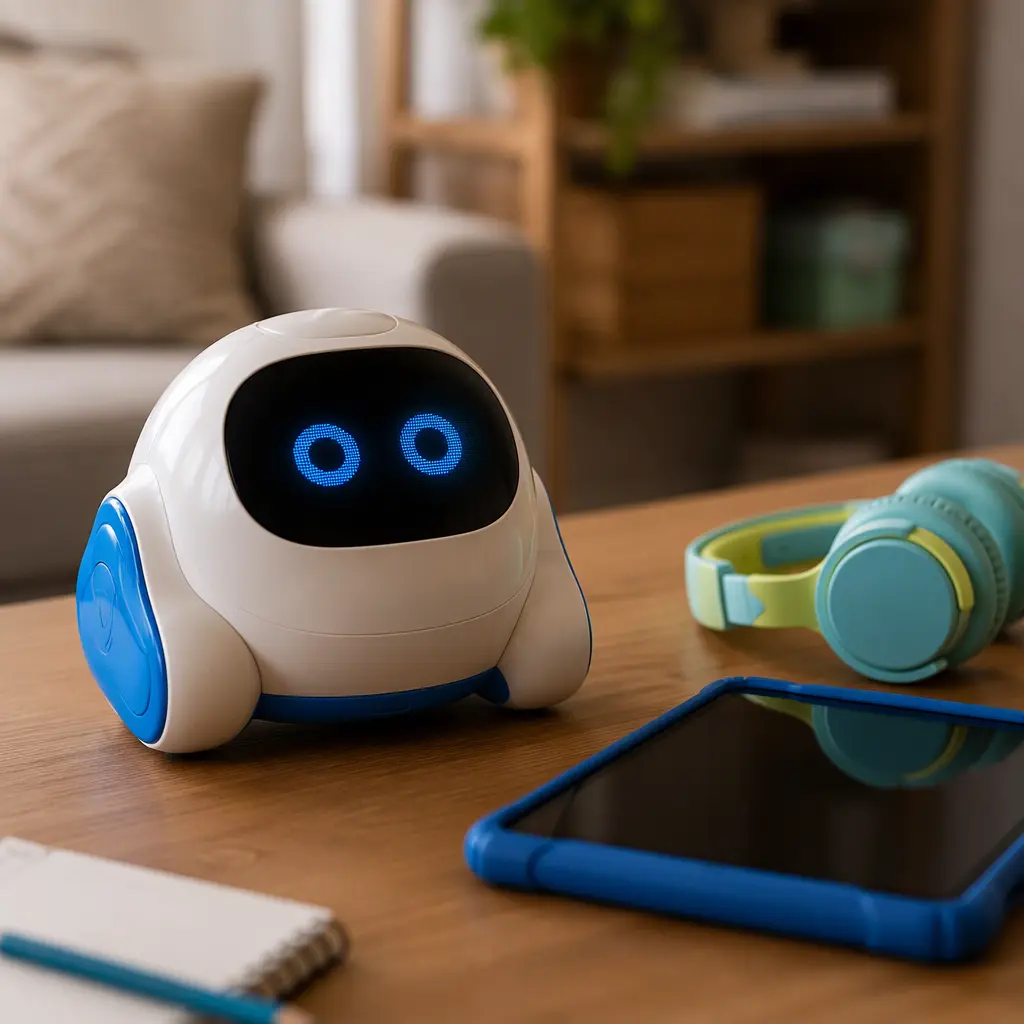 Educational companion robot beside common family tech accessories