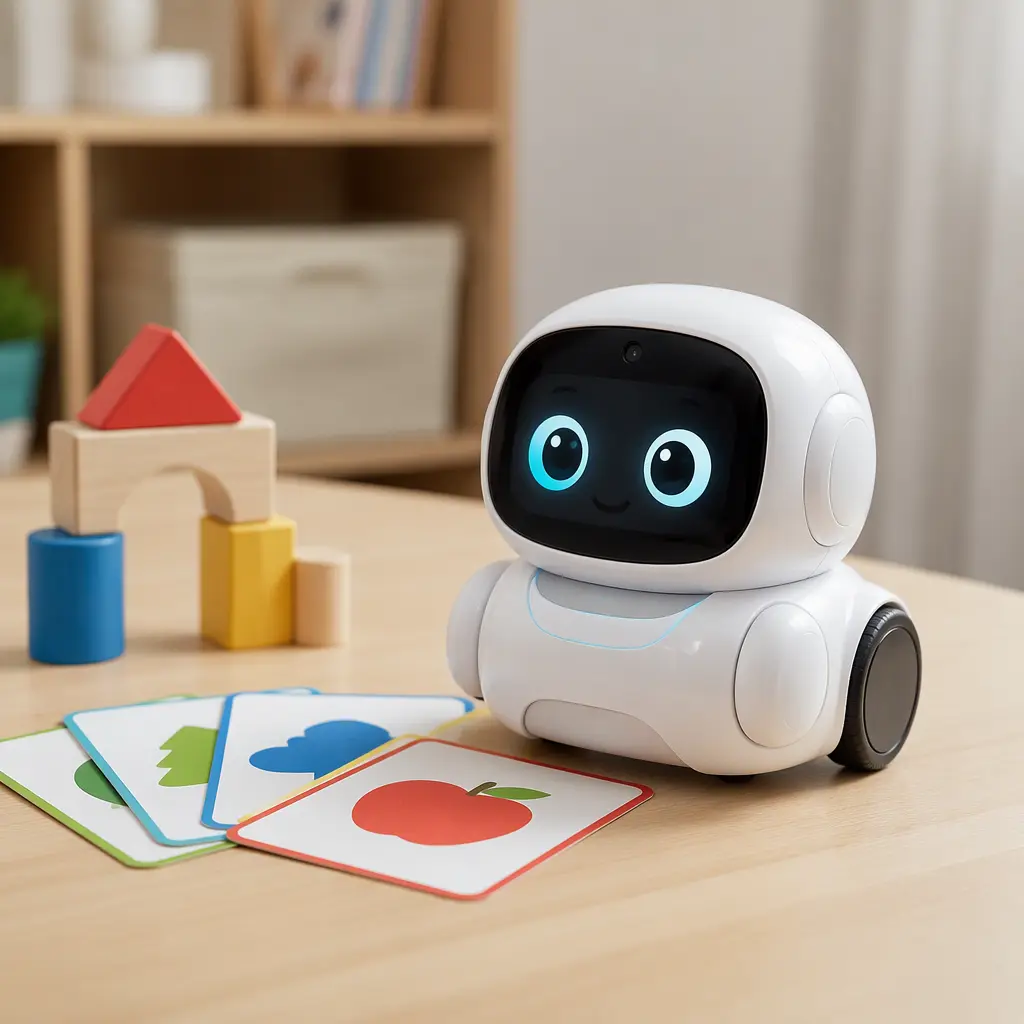 Small white children's AI robot toy on a tabletop beside educational play items