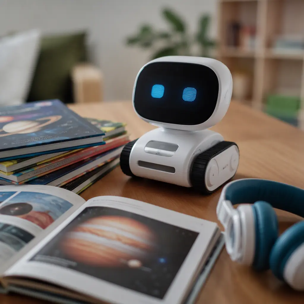 AI educational robot beside children's books on a table