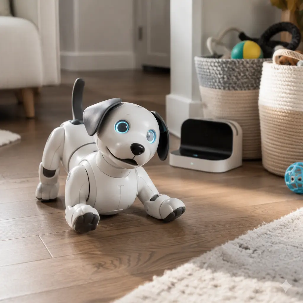 Expressive robot pet on a family room floor near charging equipment