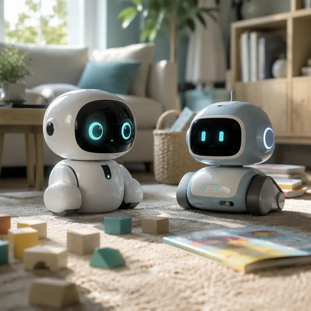 Two AI companion robots in a family living room with toys nearby