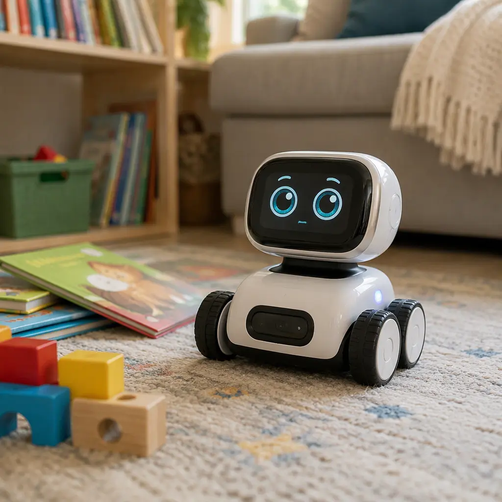 Compact educational robot toy on a living room rug with books and blocks