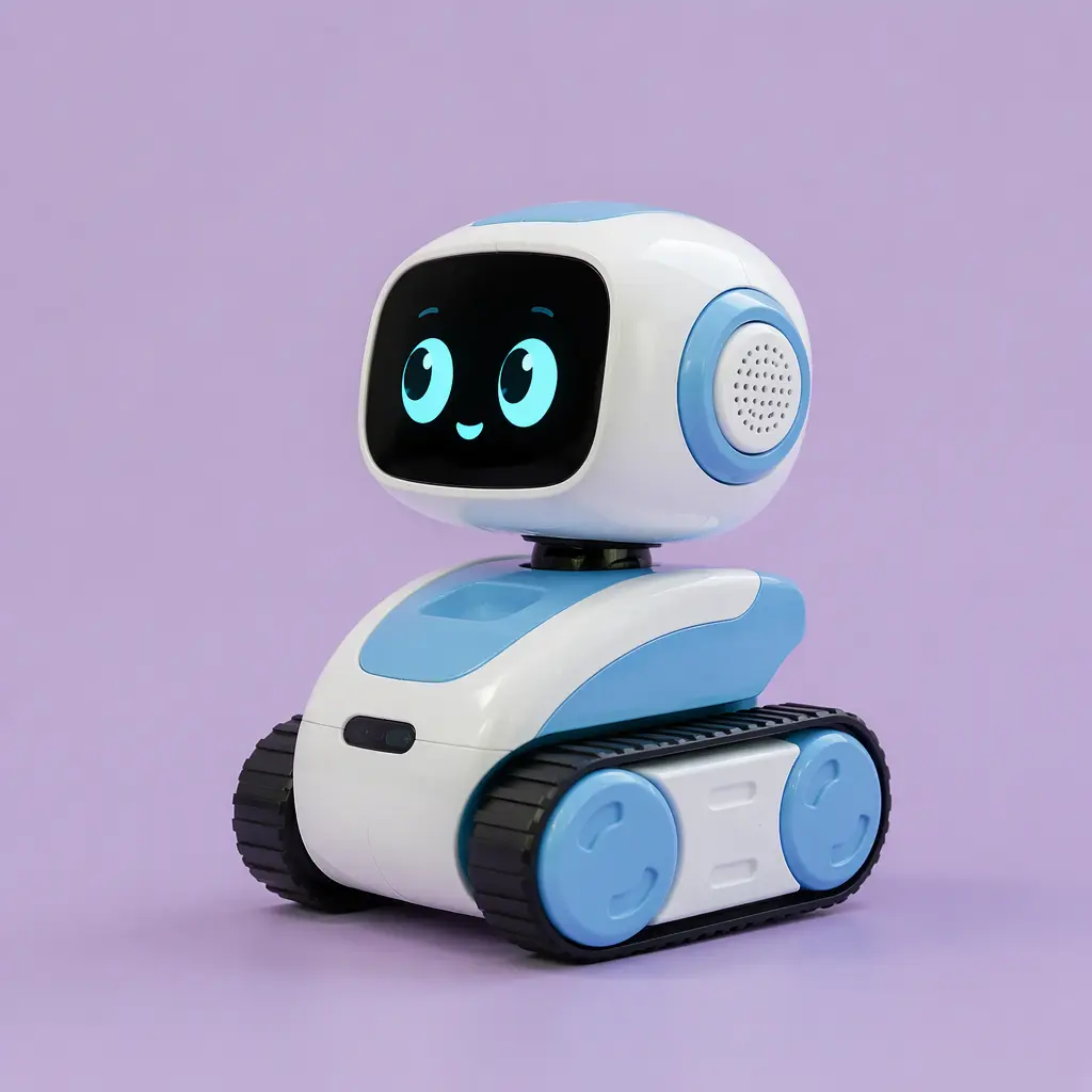 Side view of a compact educational robot toy with expressive digital eyes