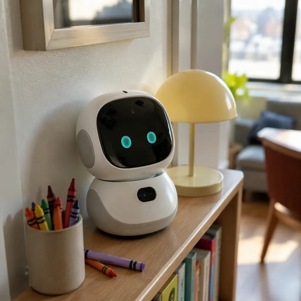 Compact desk robot on a small shelf in a modern family apartment