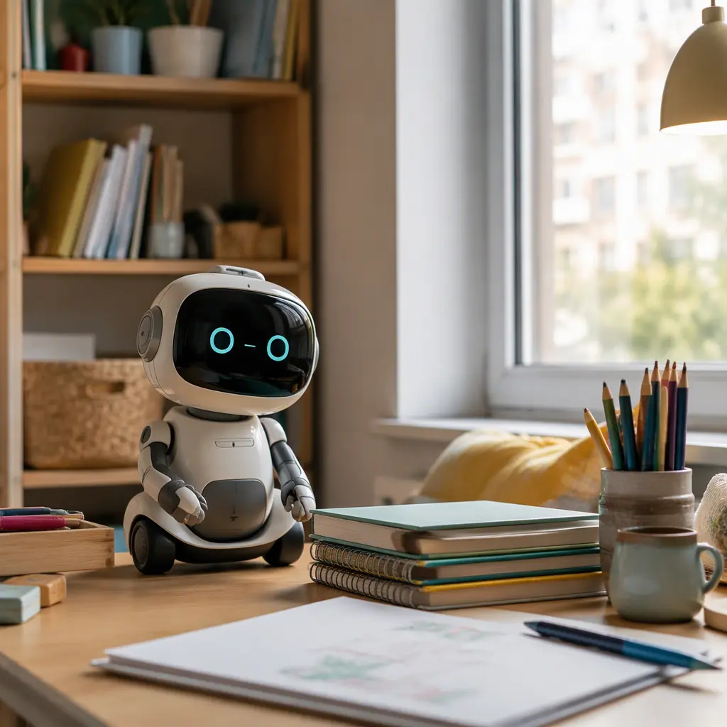 Small interactive desk robot in a compact homework and art area