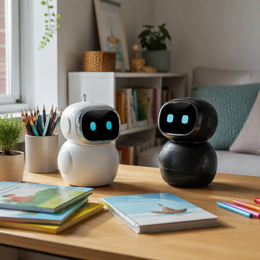 Two small desk robots displayed on a compact desk in a small home setting
