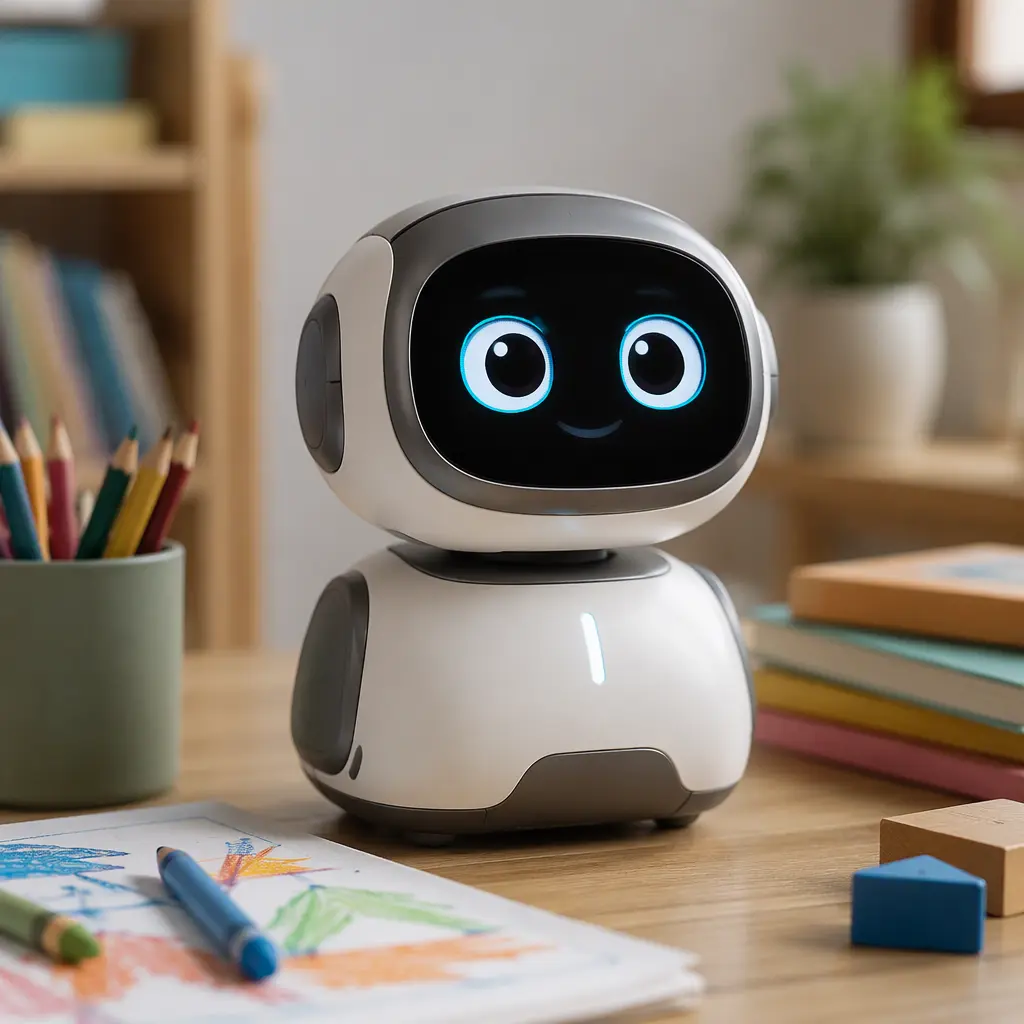 Small child-friendly AI-style robot on a desk beside art supplies and books