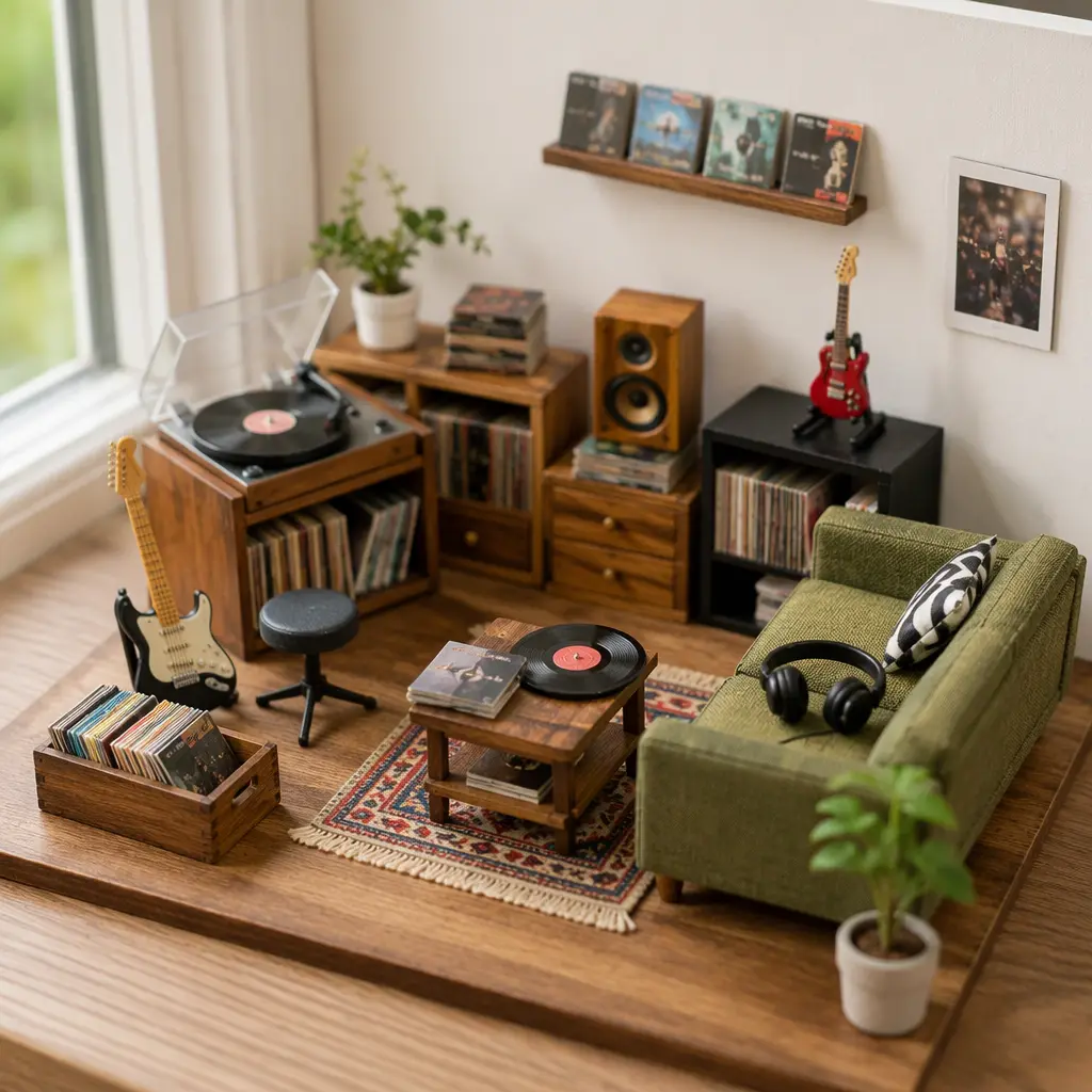 Miniature music-themed collectible playset arranged on a desk