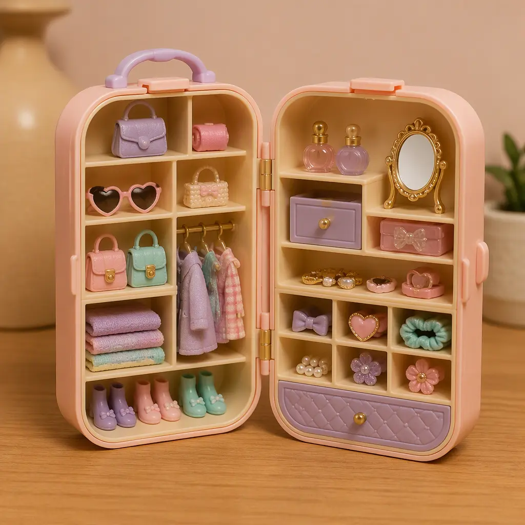 Miniature collectible accessories arranged inside a compact playset