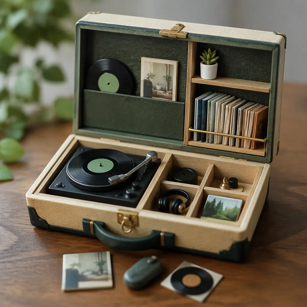 Miniature vinyl-themed playset with tiny accessories displayed on a tabletop