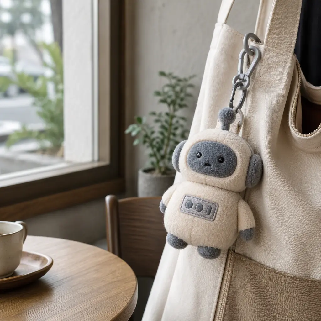 Fuzzy clip-on robot plush attached to a shoulder bag near a window