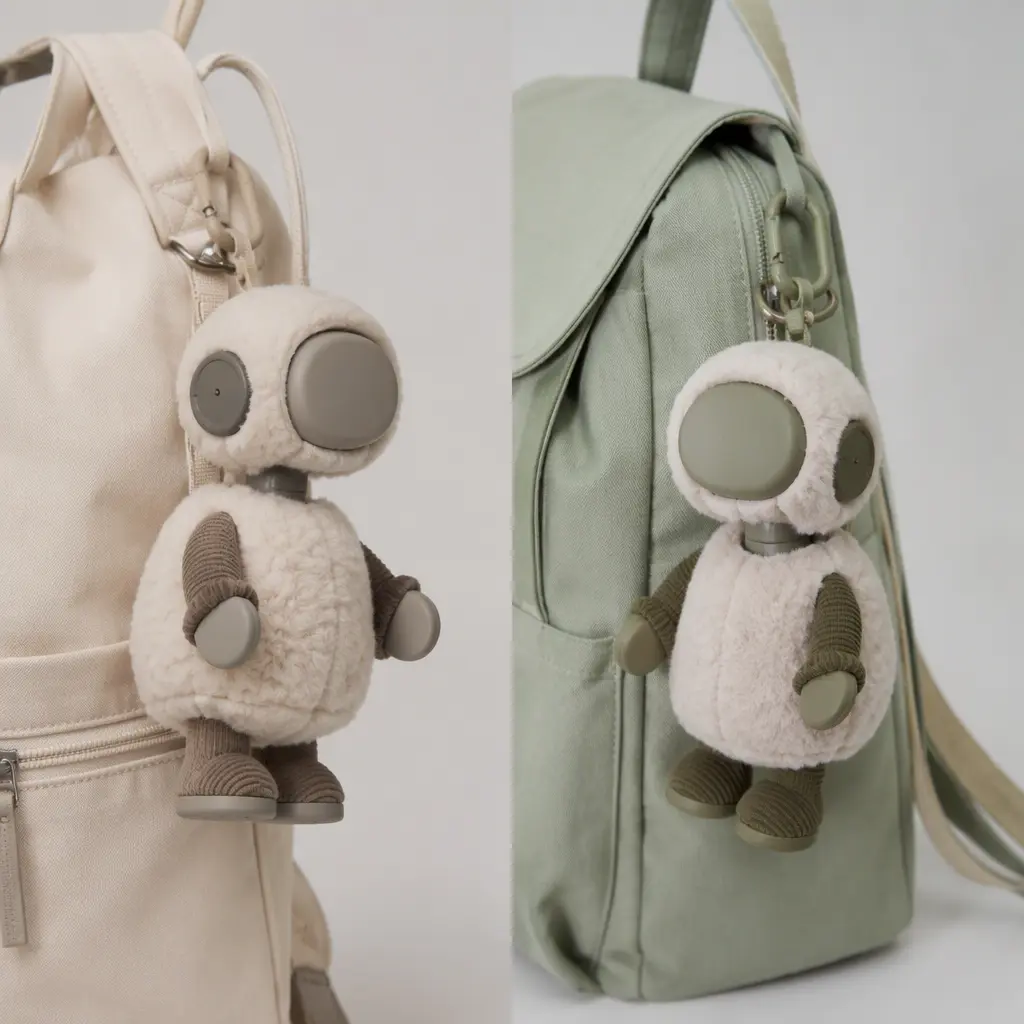 Two fuzzy robot plush companions clipped onto backpacks in a studio scene