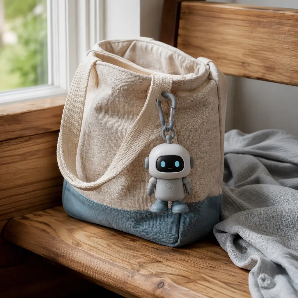 Clip-on robot toy attached to a bag on a wooden bench