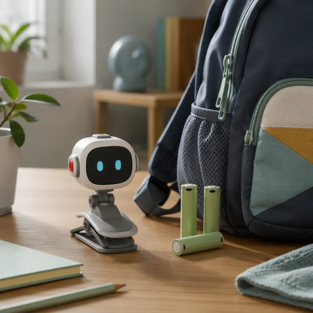 Small robot toy beside batteries and a backpack on a table