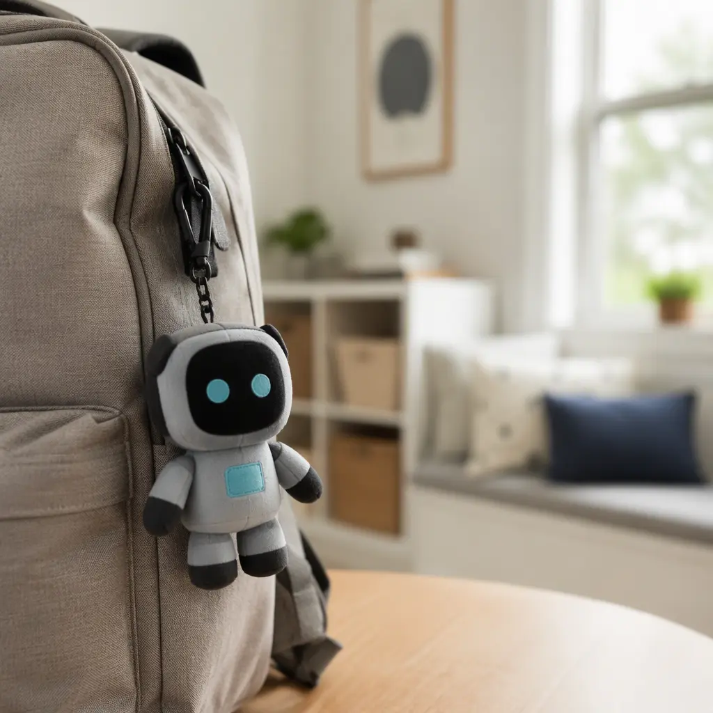 Small clip-on robot toy attached to a backpack in soft natural light