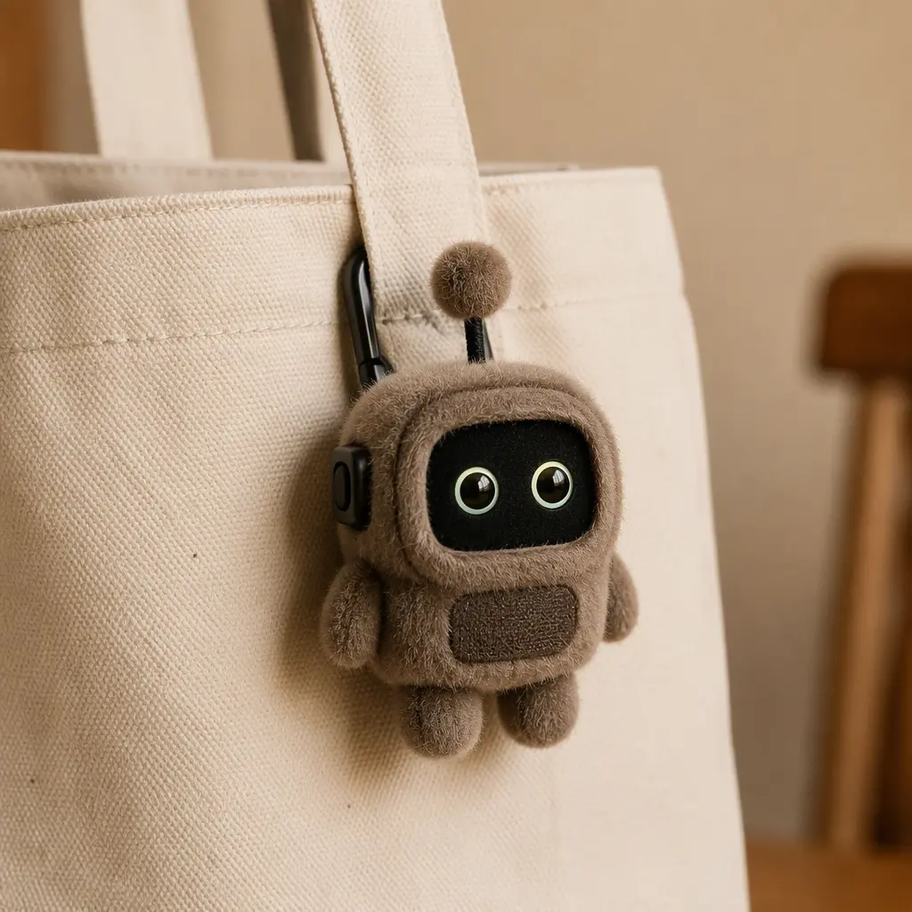 Small fuzzy clip-on robot plush attached to a tote bag in a studio setting