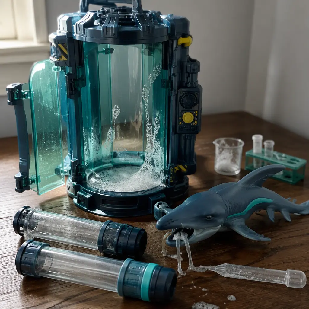 Experiment-themed toy set with shark creature figure and lab accessories