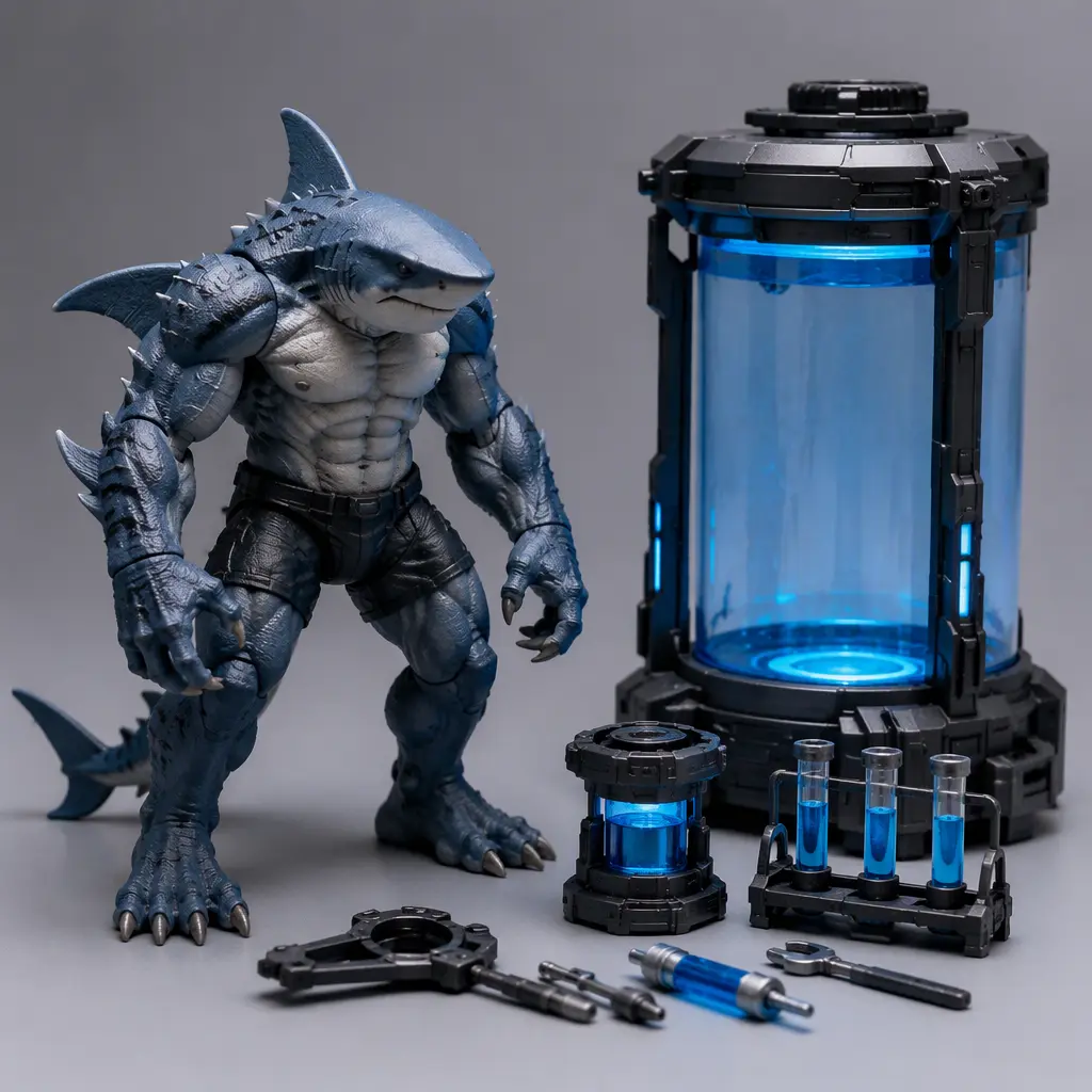 Shark-inspired creature toy beside futuristic laboratory chamber