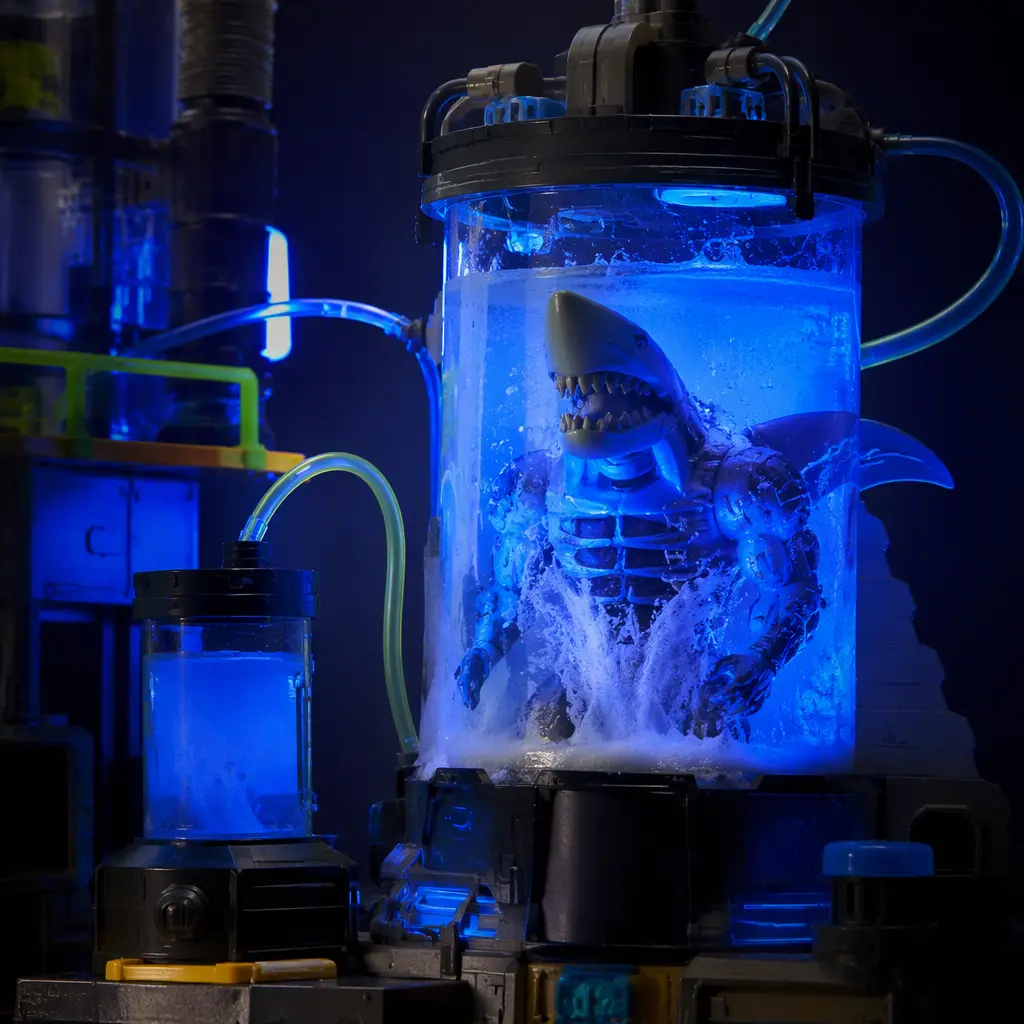 Toy laboratory playset with glowing effects and a shark-inspired creature reveal figure