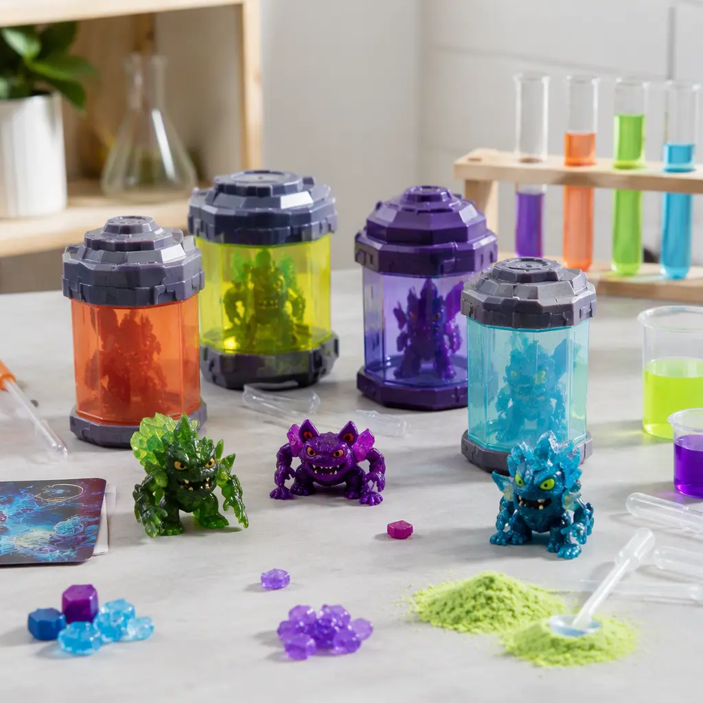 Science-inspired reveal toys and lab accessories arranged on a tabletop